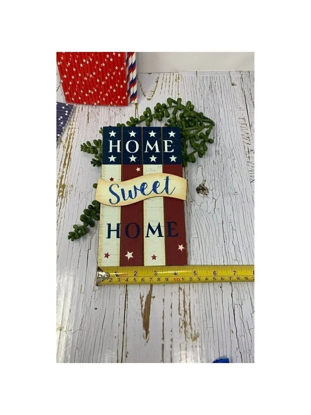 Patriotic Home Sweet Home Sign 8 Inch 54 Paper Straws Stars Stripes Red White